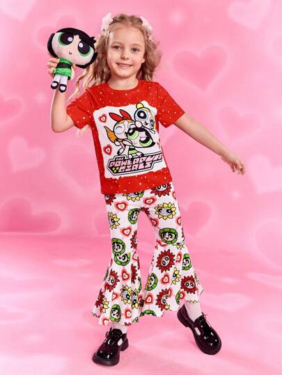 THE POWERPUFF GIRLS X SHEIN Young Girl Cute Heart & Floral Print Red Short Sleeve T-Shirt And Bell-Bottom Pants Set, Fashion