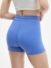 SHEIN Sports Short de sport décontracté pour femmes, unicolore, simple, taille haute avec cordon de serrage - Bleu azur - Voir 2
