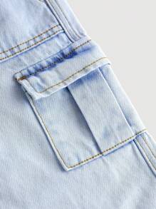 SHEIN Quần jeans cargo dáng rộng, thoải mái, phong cách đường phố Hàn Quốc cho bé trai mùa thu đông, chất liệu denim xanh nhạt, mềm mại, dễ thương, có dây rút ở eo, nhiều túi, sản phẩm mới, thích hợp cho mùa tựu trường, phong cách đường phố. - Rửa nhẹ - Xem 5