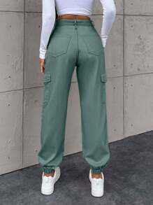EURMUSE Women's Casual Cuffed Pocket Harem Jeans - Green - View 2