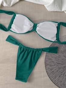 Swim Chiccia Solid Color Triangle Cup Metal Sun Decor Bikini Set For Summer Beach Vacation - Teal Blue - View 2