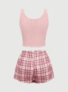 ROMWE Summer Casual All-Match Comfortable Ribbed Stripe Sleeveless Top And Shorts Women Pajama Set - Dusty Pink - View 8