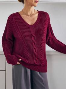 EURMUSE Chunky Cable Knit V-Neck Sweater In Deep Rust Red With Ribbed Hem And Cuffs,Jumper,Cream Jumper,Jumpers For Women,Jumpers,Black Jumper,Womens Jumper,White Jumper,Women's Jumper,Women's Jumpers,Winter Clothes - Burgundy - View 1