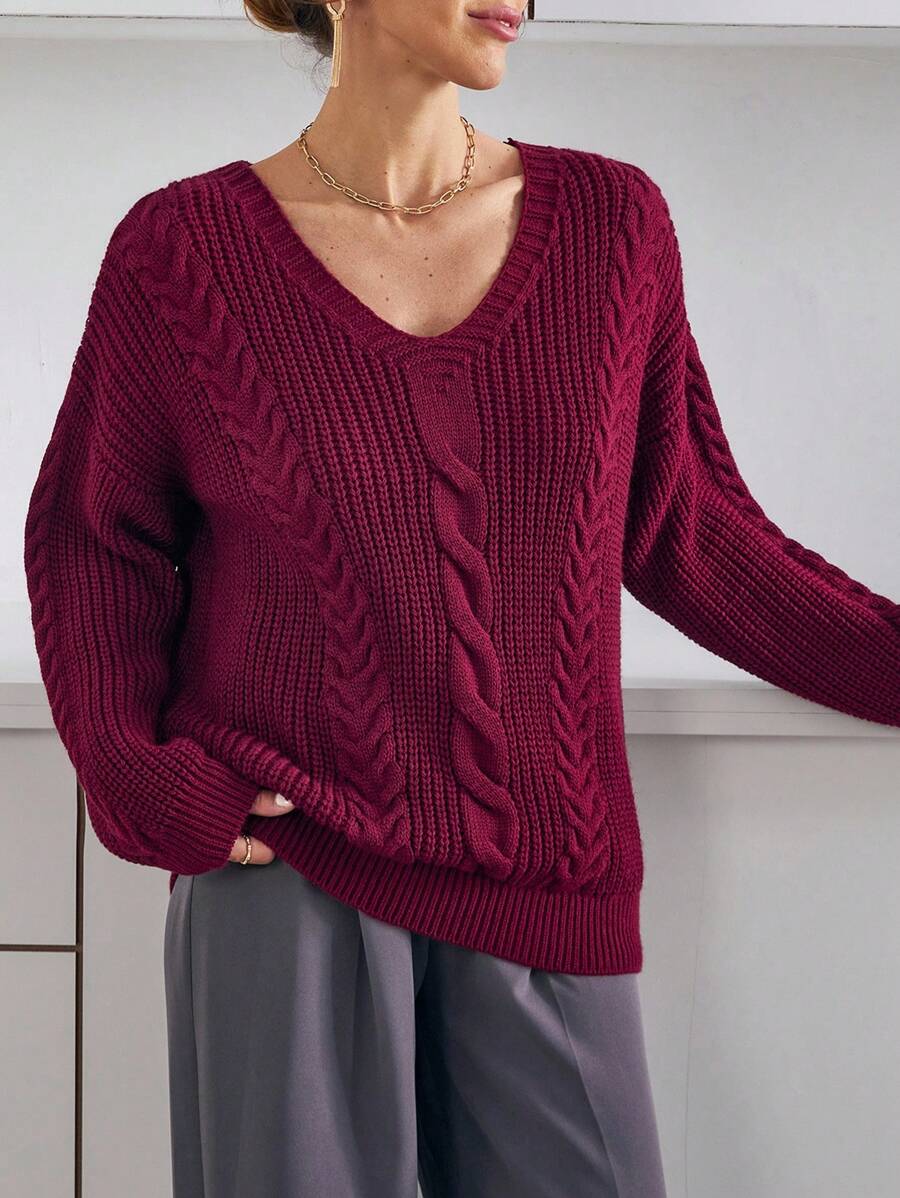 EURMUSE Chunky Cable Knit V-Neck Sweater In Deep Rust Red With Ribbed Hem And Cuffs,Jumper,Cream Jumper,Jumpers For Women,Jumpers,Black Jumper,Womens Jumper,White Jumper,Women's Jumper,Women's Jumpers,Winter Clothes - Burgundy - View 1