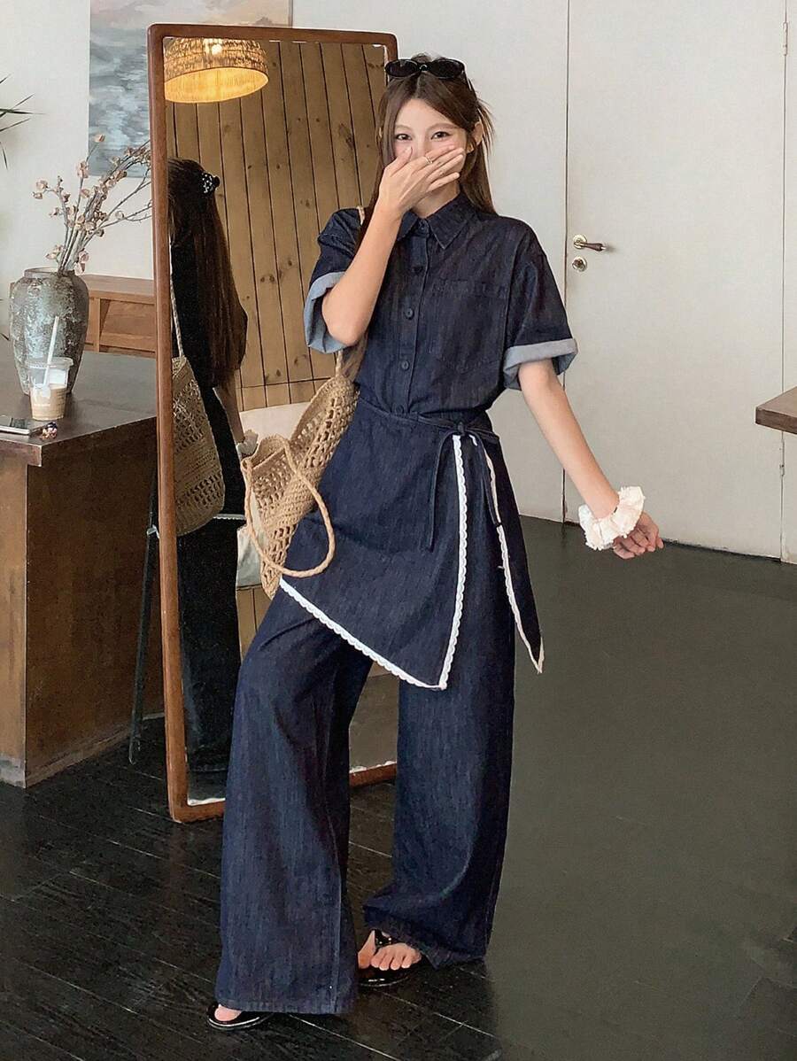 DAZY 女士休闲韩版牛仔三件套：水洗衬衫、阔腿裤、系带腰裙 - 藍色 - 查看 1