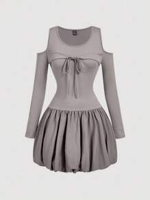 SHEIN MOD Women Off Shoulder Casual 2 In 1 Grey Long Sleeve Bubble Dress - Grey - View 1