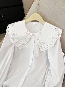 SHEIN 少女女孩白色梭织纯色拼接刺绣大翻领泡泡袖长袖学院风优雅复古休闲衬衫 返校季情人节童装春夏秋冬装小清新女童 - 白色 - 查看 4