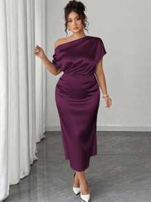 Elenzga Plus Size Women Satin Draped Neck Cold Shoulder Asymmetric Ruched Waist Slim A-Line Dress For Summer - Purple - View 4