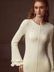 MOTF PREMIUM VESTIDO DE SUÉTER DE AJUSTE SLIM SIN CINTURÓN CON MANGAS DE CAMPANA DE PERLA FALSA - Albaricoque - Ver 2