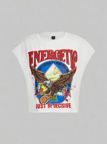 SHEIN EZwear Grote maten brei Korte mouwen T-shirts Met Adelaar & letters-print