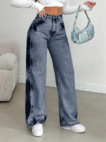 EURMUSE Blugi damă 100% bumbac, stil casual, vopsiți în stil tie-dye, cu picior drept