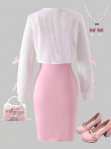 Sparklyn Teen Girl Pink Bow Decor White Cardigan & Pink Camisole Dress Set Fall Winter - White - View 2