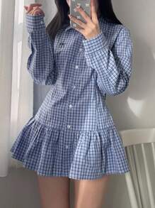 FRIFUL 女式格子衬衫，背部蝴蝶结，荷叶边下摆，刺绣蝴蝶结装饰，适合秋季格子上衣女式格子衬衫荷叶边上衣系带上衣格子衬衫长袖上衣 - 藍色 - 查看 7