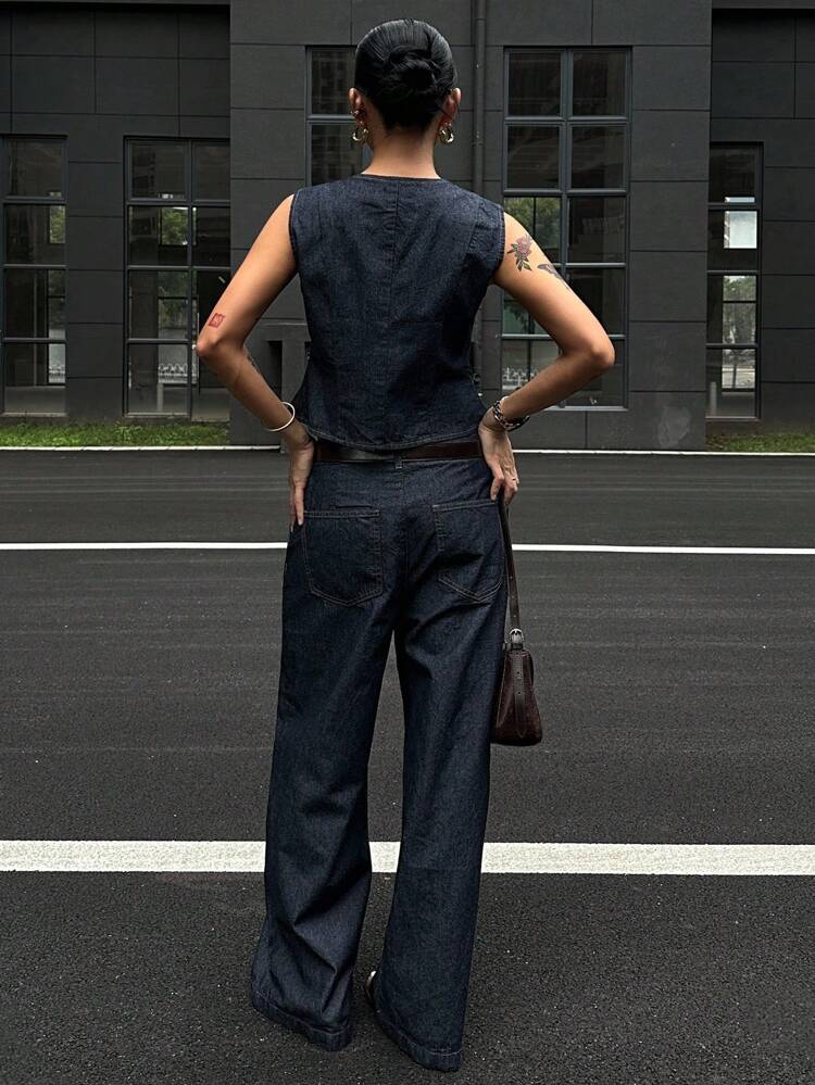 2pcs Women Casual Outdoor Sleeveless Top & Wide Leg Pants Denim Suit Denim Two Piece Set Women Denim Two Piece Outfits Denim Outfit Women Wide Leg Jeans Jean Crop Top