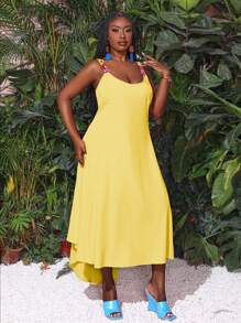 Slaydiva Plus Size Summer Solid Color Big Swing Cami Chain Dress - Yellow - View 6