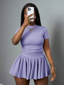 Slaydiva 新款春夏休闲基础款运动风T恤，简约圆领短袖设计，两侧褶裥短款T恤搭配前后短款中长伞裙，浅灰色罗纹针织面料。女士加大码两件套，薰衣草色两件套，紫色两件套，薰衣草色套装，女士短裙套装，两件套裙装，返校季必备 - 紫色 - 查看 6