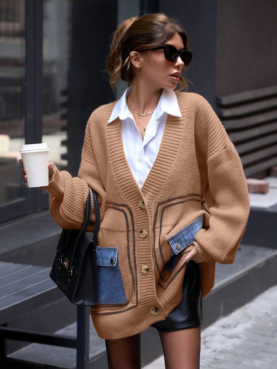 EURMUSE Knitwear Cardigan With Denim Detail Fall Winter Outwear Jacket - Beige - View 1