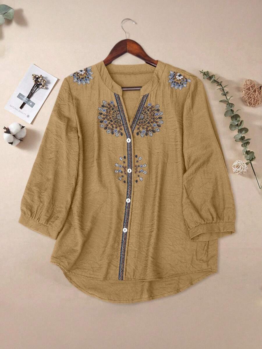 Linhara Plus Size Women Floral Embroidery V-Neck Lantern Sleeve Blouse - Camel - View 1