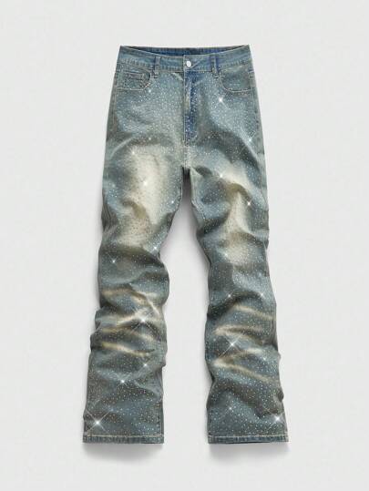 Street Life Jeans décontractés en denim avec ornements de strass sur la poche pour hommes