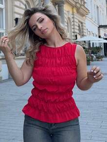 Jeta Ari Damen Sommer Lässig einfarbiges Plissee Trägerhemd mit rundem Ausschnitt