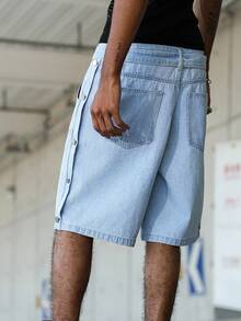 Manfinity EMRG 男士宽松腰街头风多扣蓝色拼布牛仔短裤男浅色水洗牛仔短裤宽松牛仔短裤男 - 淺色水洗藍 - 查看 7