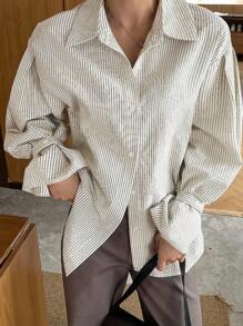 DAZY 女式条纹长袖单排扣休闲宽松通勤衬衫秋季 - 米色 - 查看 6