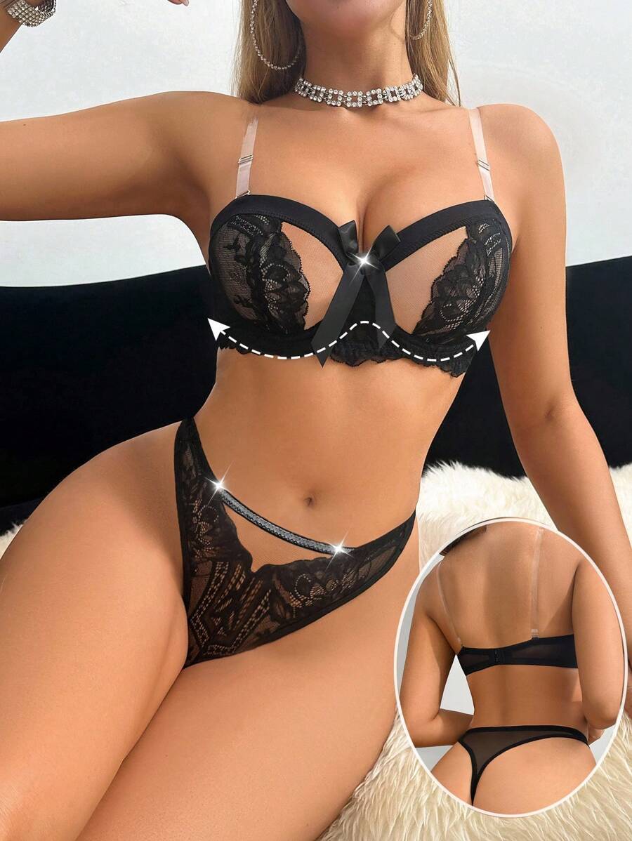 SHEIN Women Elegant Sexy Solid Color Lace Lingerie Set - Black - View 1