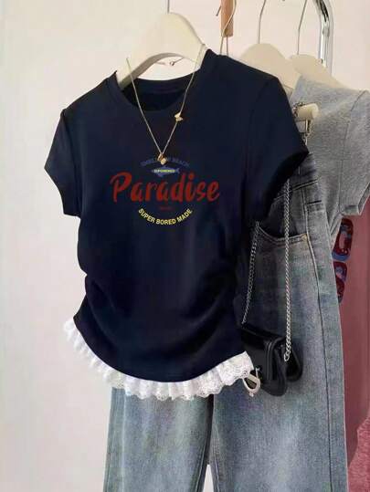 夏季新款女式蕾丝边短袖休闲修身腰T恤