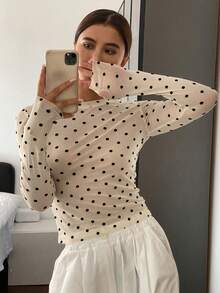 Dazy Tall Women's Round Neck Fitted Long Sleeve Casual Top With Flocked Polka Dot Mesh - Multicolor - View 2
