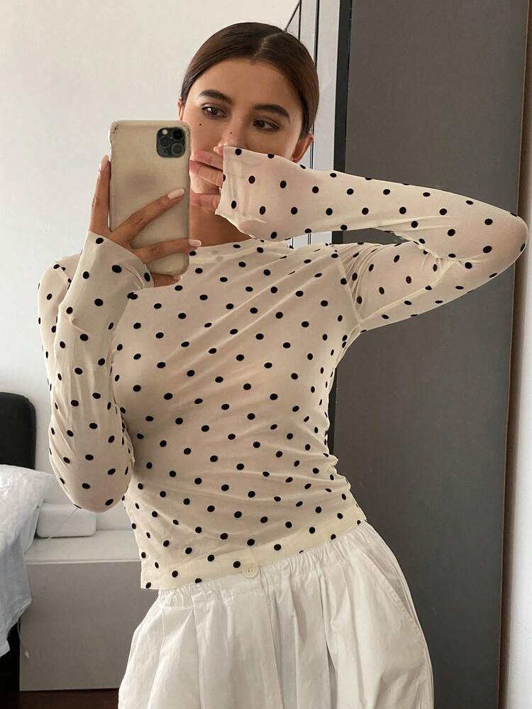 Women's Polka Dot Long Sleeve Round Neck Elegant T-Shirt