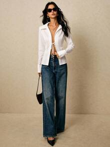 Poéselle Women's White Cotton Long Sleeve Shirts,Beaded Ties Front Tie Blouse,Boho Solid Turndown Collar Tops,Autumn Night Out Seksi Chic Old Money Vintage Y2k - White - View 4