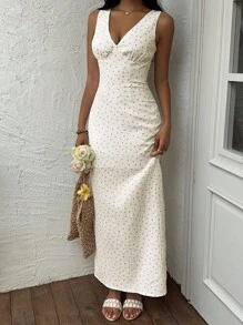 Sunnyshic Textured Ditsy Floral V-Neck Waist Cinched A-Line Long Dress