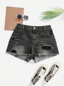 SHEIN MOD Plus Size Casual Street Style Everyday Denim Shorts, Summer - Black - View 1