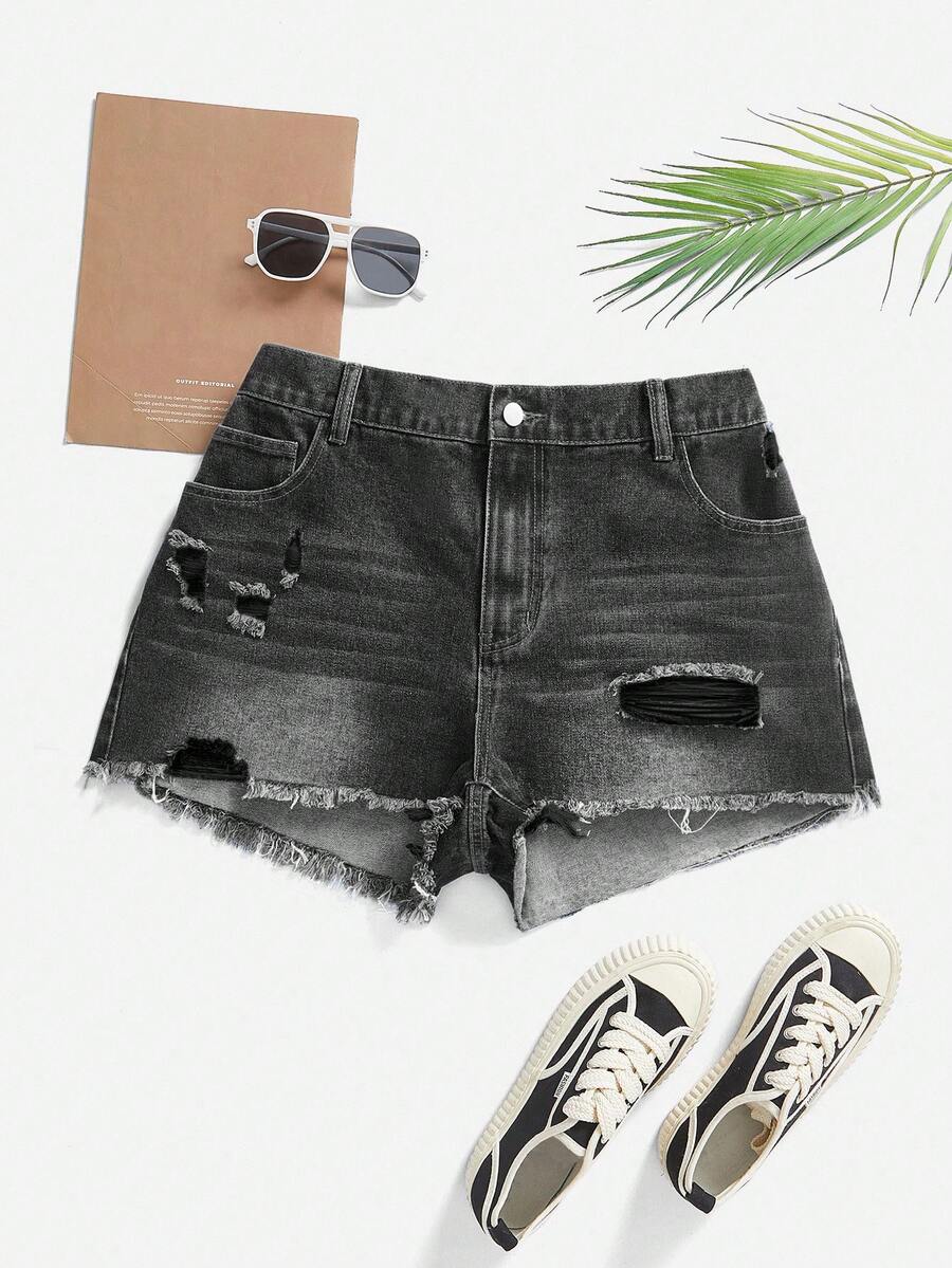 SHEIN MOD Plus Size Casual Street Style Everyday Denim Shorts, Summer - Black - View 1