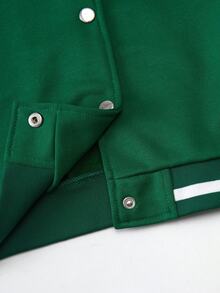 Tween Girl Colorblock Button Applique Fashionable Long Sleeve Jacket Fall Winter - Dark Green - View 7
