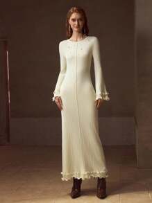 MOTF PREMIUM VESTIDO DE SUÉTER DE AJUSTE SLIM SIN CINTURÓN CON MANGAS DE CAMPANA DE PERLA FALSA - Albaricoque - Ver 5