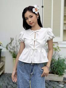 SHEIN 少女休闲简约舒适圆领泡泡袖格子蝴蝶结衬衫