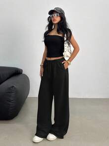 SHEIN 青少年女孩休闲松紧腰阔腿运动裤，适合春、夏、秋、冬 - 黑色 - 查看 4