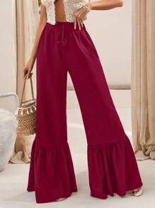 EURMUSE Elastic-Waist Black Flared Pants With Adjustable Drawstring And Tiered Ruffle Hem Detailing" - Burgundy - View 5