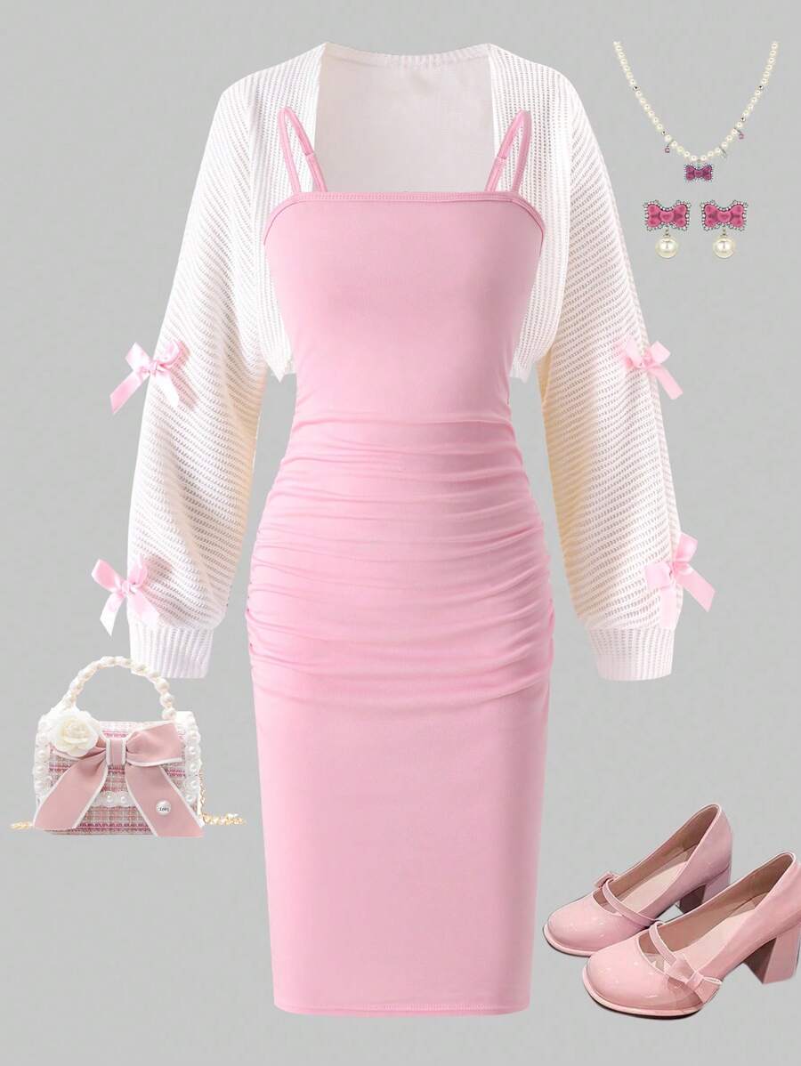 Sparklyn Teen Girl Pink Bow Decor White Cardigan & Pink Camisole Dress Set Fall Winter - White - View 1