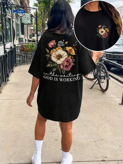 EMERY ROSE 大码夏季休闲字母花卉印花圆领短袖T恤