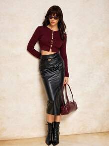 House of One High-Waist PU Split Midi Skirt Women Elegant Brown Skirt Fall Winter Black Midi Skirt Belt Skirt Faux Leather Skirt Midi Black Skirt Black Leather Midi Skirt Fall Women Clothes Old Money Office Outfits For Women Old Money Fall Outfits Business Professional Women Business Casual Woman