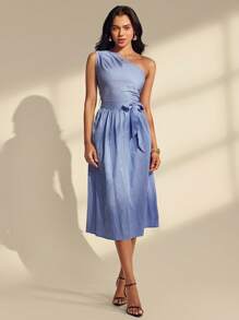 Almamuse Women's Elegant Belted Wide Skirt Stripe Dress - Blue - View 4
