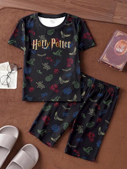 HARRY POTTER X SHEIN Tween Boy Summer Casual Eagle, Snake Colorful Print Black T-Shirt And Loose Fitting Shorts 2-Piece Pajamas Set