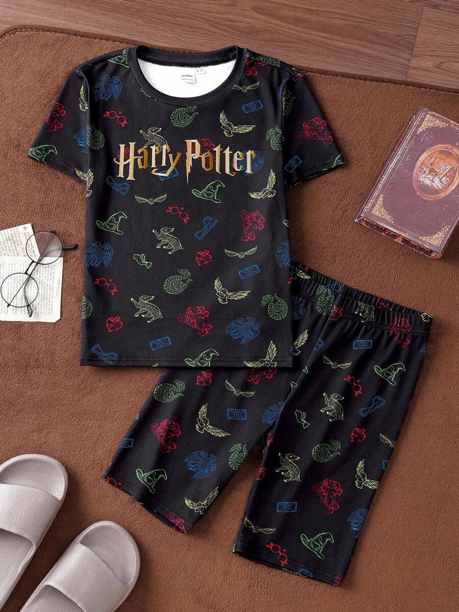 HARRY POTTER X SHEIN 青少年男孩夏季休闲老鹰、蛇彩色印花黑色 T 恤和宽松短裤两件套睡衣套装 - 彩色 - 查看 1