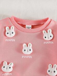 SHEIN 2pcs Baby Girls Cute 3D Rabbit Decor Casual Long Sleeve Pink Sweatshirt + Comfortable Sweatpants Set, Autumn/Winter - Watermelon Pink - View 5