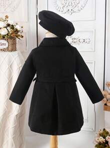 Elladie kids Áo khoác nữ thời trang thanh lịch dành cho bé gái, kiểu dáng cổ Peter Pan, tay dài, cạp cao, dài đến đầu gối, màu trơn, có nơ 3D, thiết kế hai hàng cúc, thích hợp cho mùa thu/đông/thu. - màu đen - Xem 2