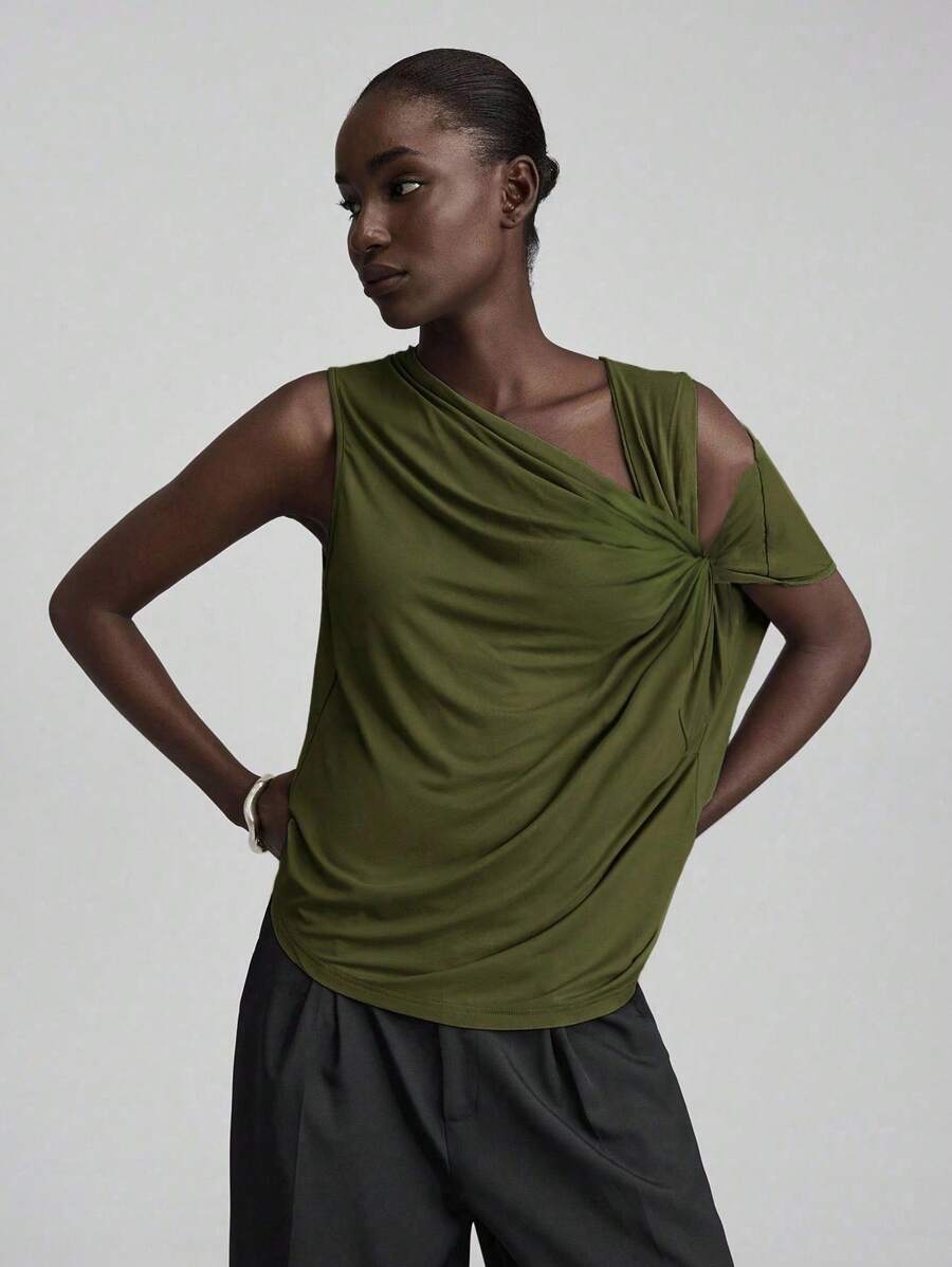 Ontre 2025 夏秋季女士纯色不对称领口褶皱设计衬衫，适合夏季度假、海滩、派对、百搭、节日、社交、多功能、日常、商务休闲办公穿着