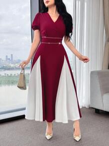 Feyla Women's Elegant Contrast Color V-Neck Ruched Waist Puff Sleeve Dress