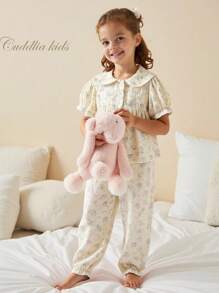 女童两件套开学睡衣套装，薄款碎花甜美公主风荷叶边彼得潘领泡泡袖宽松上衣和阔腿裤 - 杏色 - 查看 1